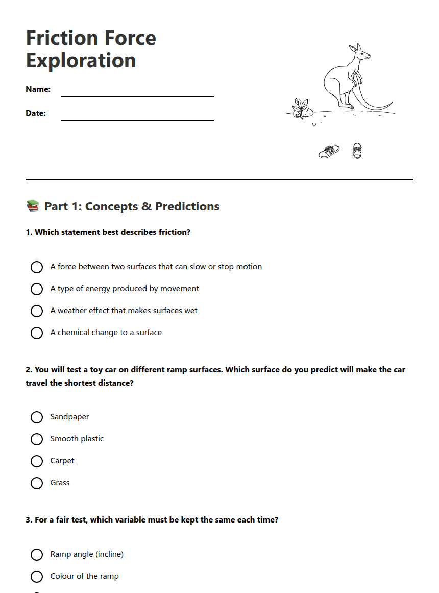 Friction Force Exploration worksheet preview