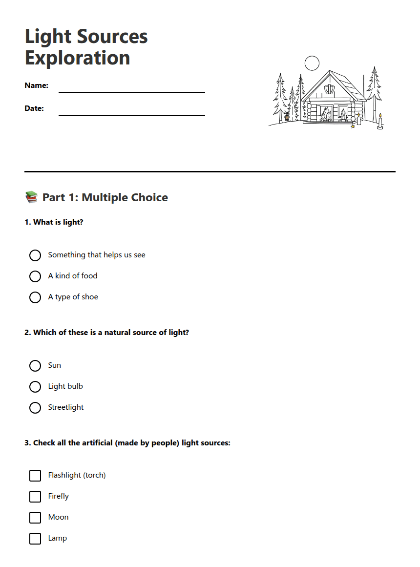 Light Sources Exploration worksheet preview