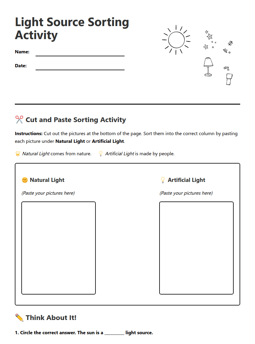 Light Source Sorting Activity worksheet preview