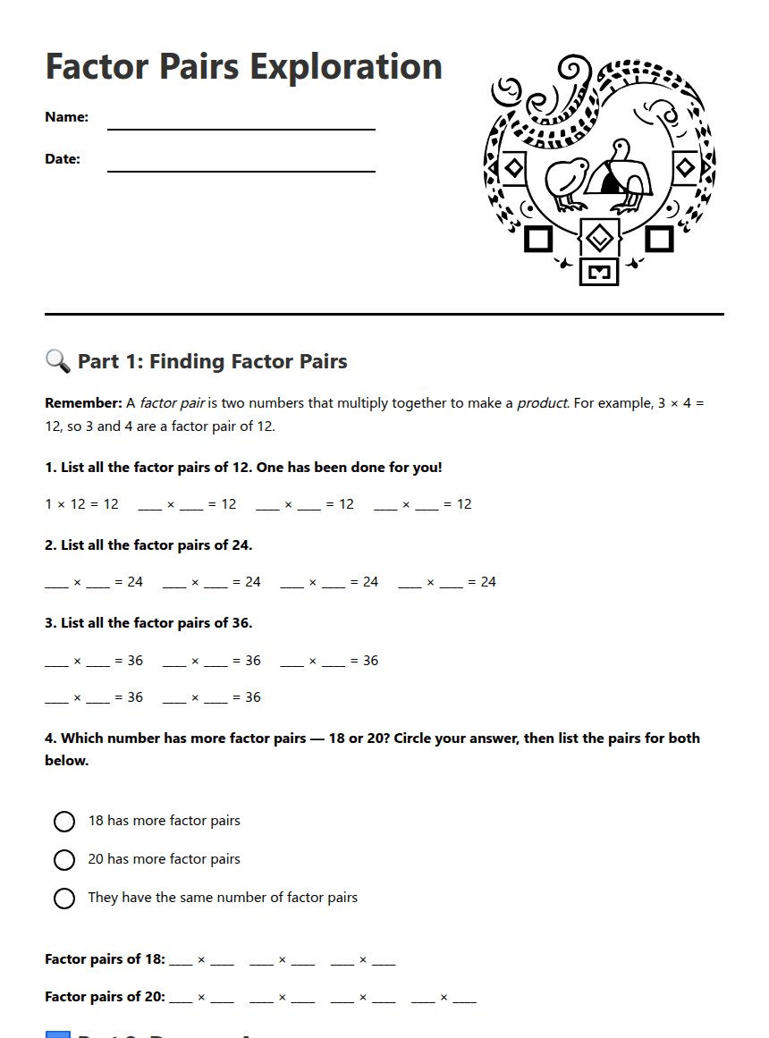 Factor Pairs Exploration worksheet preview