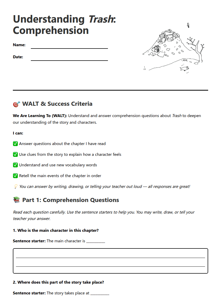 "Understanding *Trash*: Comprehension" worksheet preview