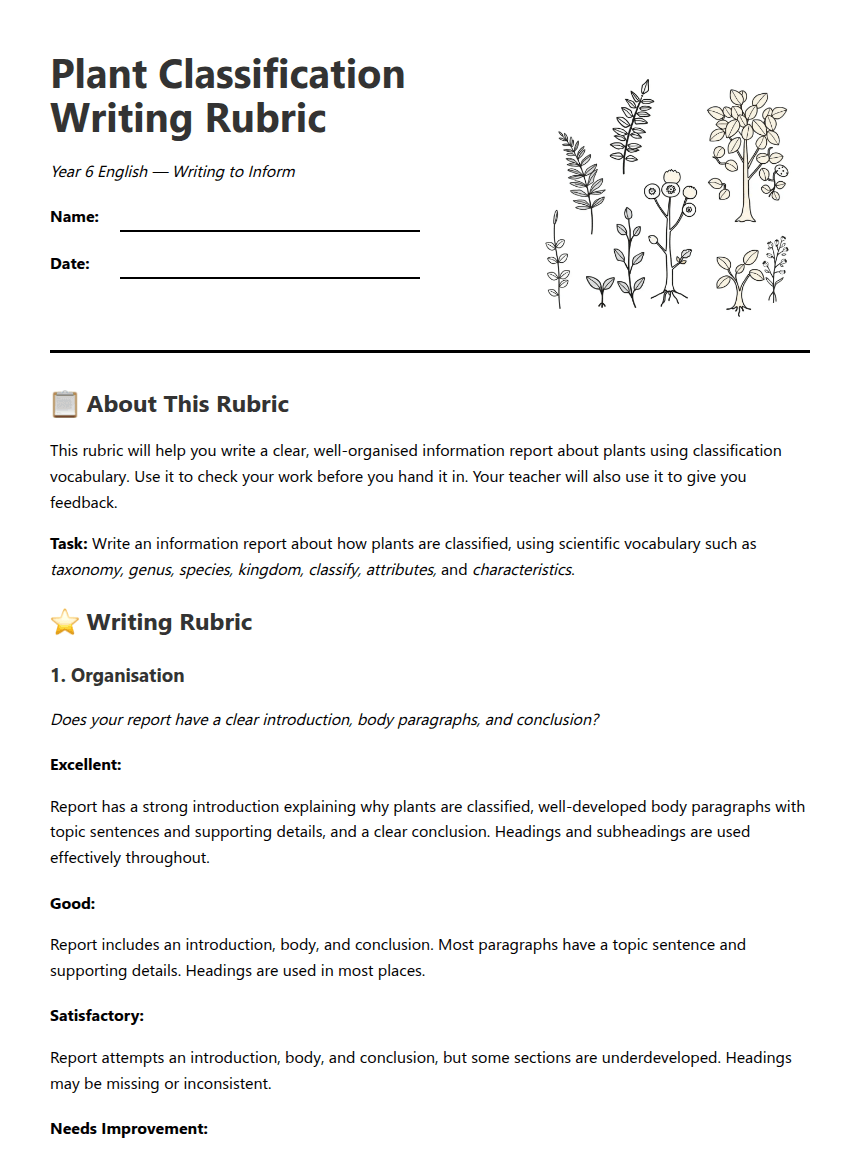Plant Classification Writing Rubric worksheet preview
