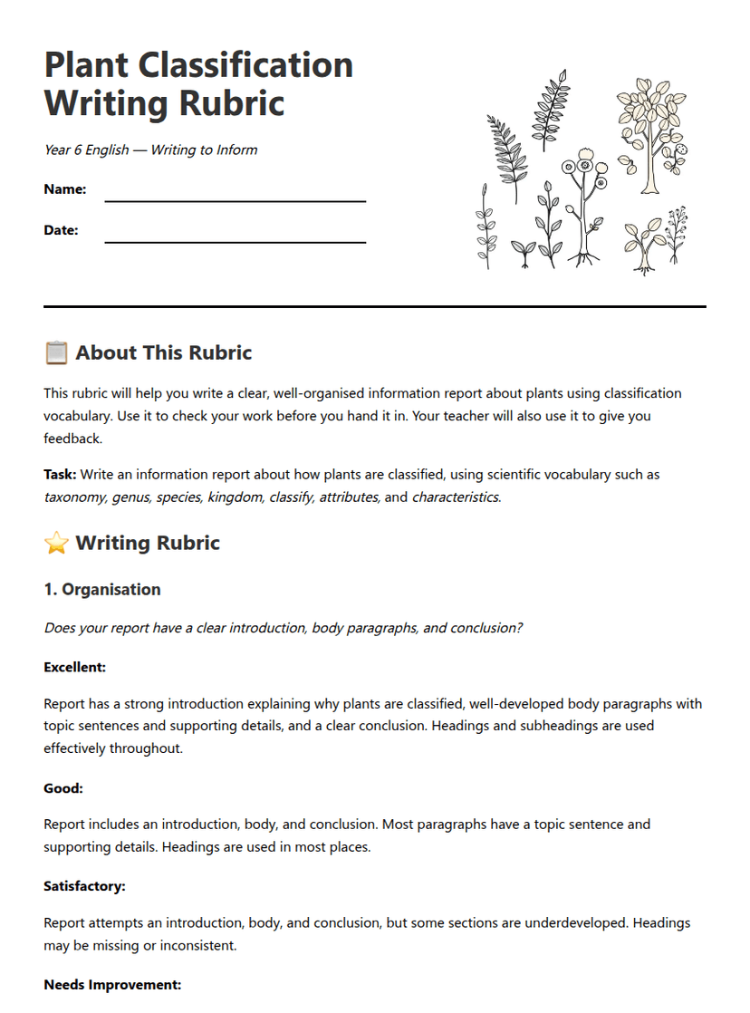 Plant Classification Writing Rubric
