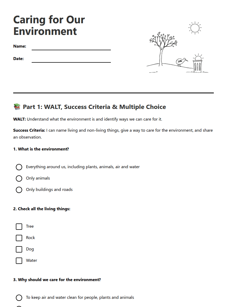 Caring for Our Environment worksheet preview