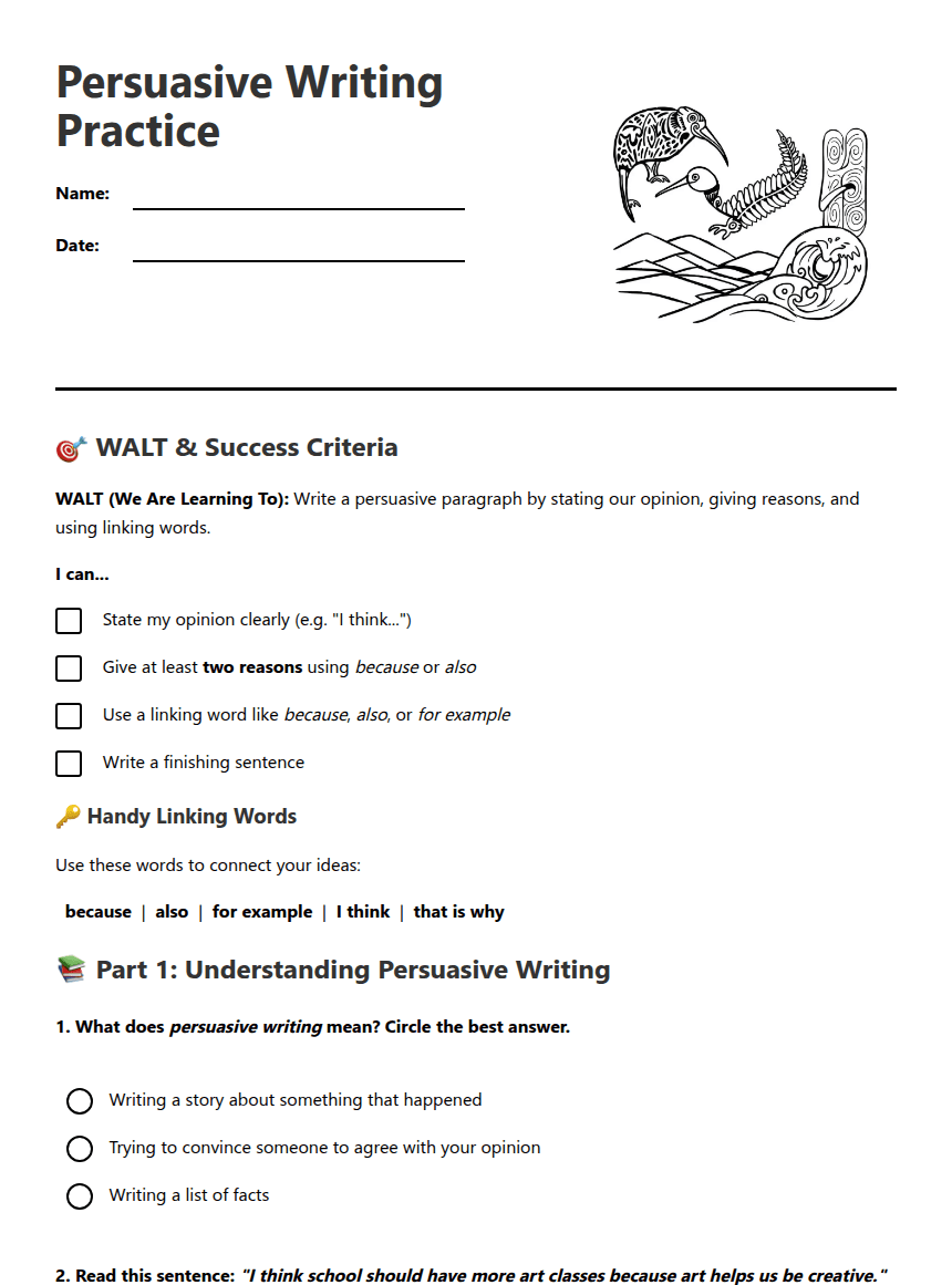 Persuasive Writing Practice worksheet preview