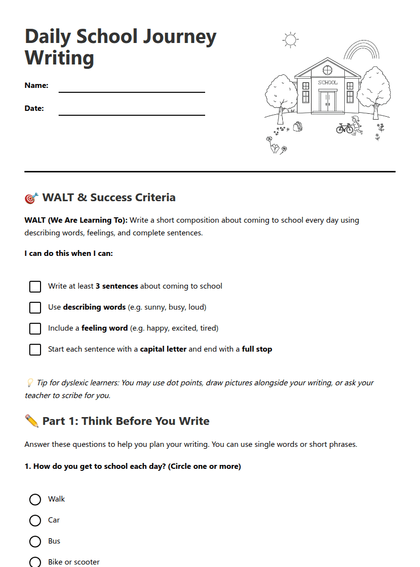 Daily School Journey Writing worksheet preview