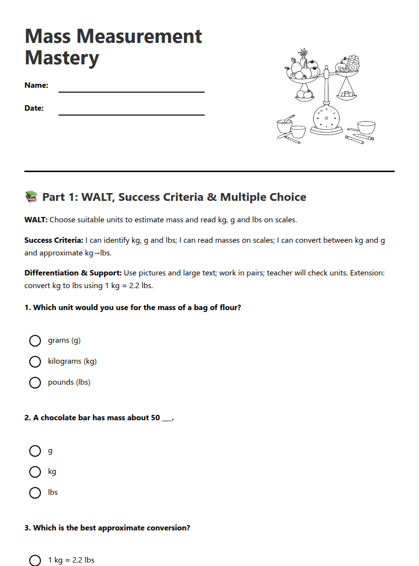 Mass Measurement Mastery worksheet preview