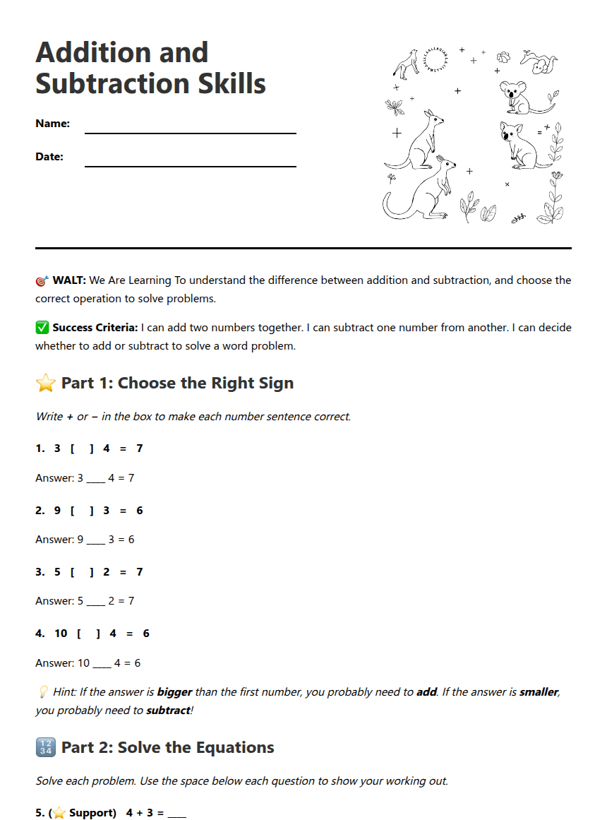 Addition and Subtraction Skills worksheet preview