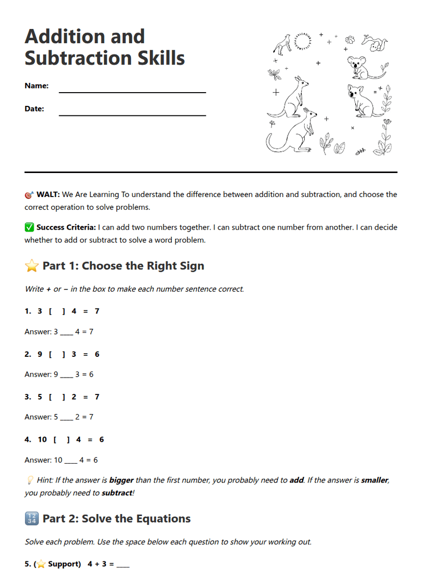 Addition and Subtraction Skills