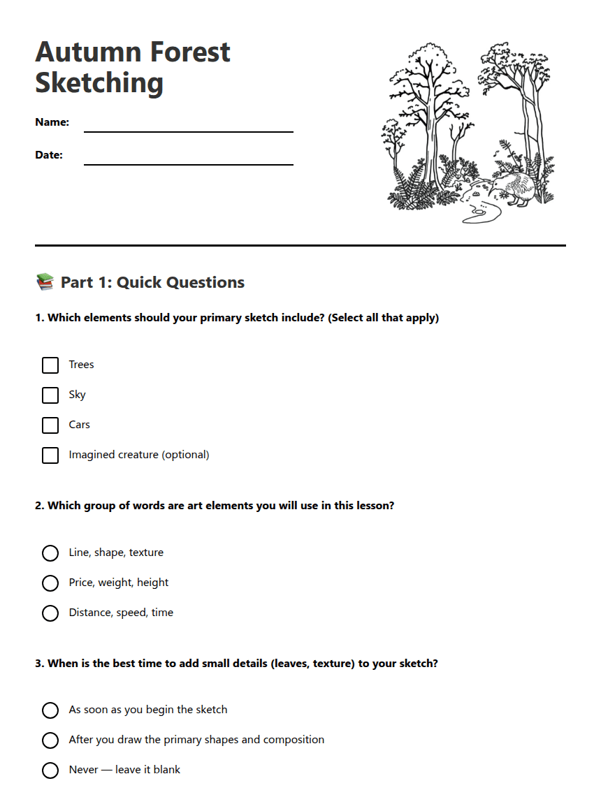 Autumn Forest Sketching worksheet preview