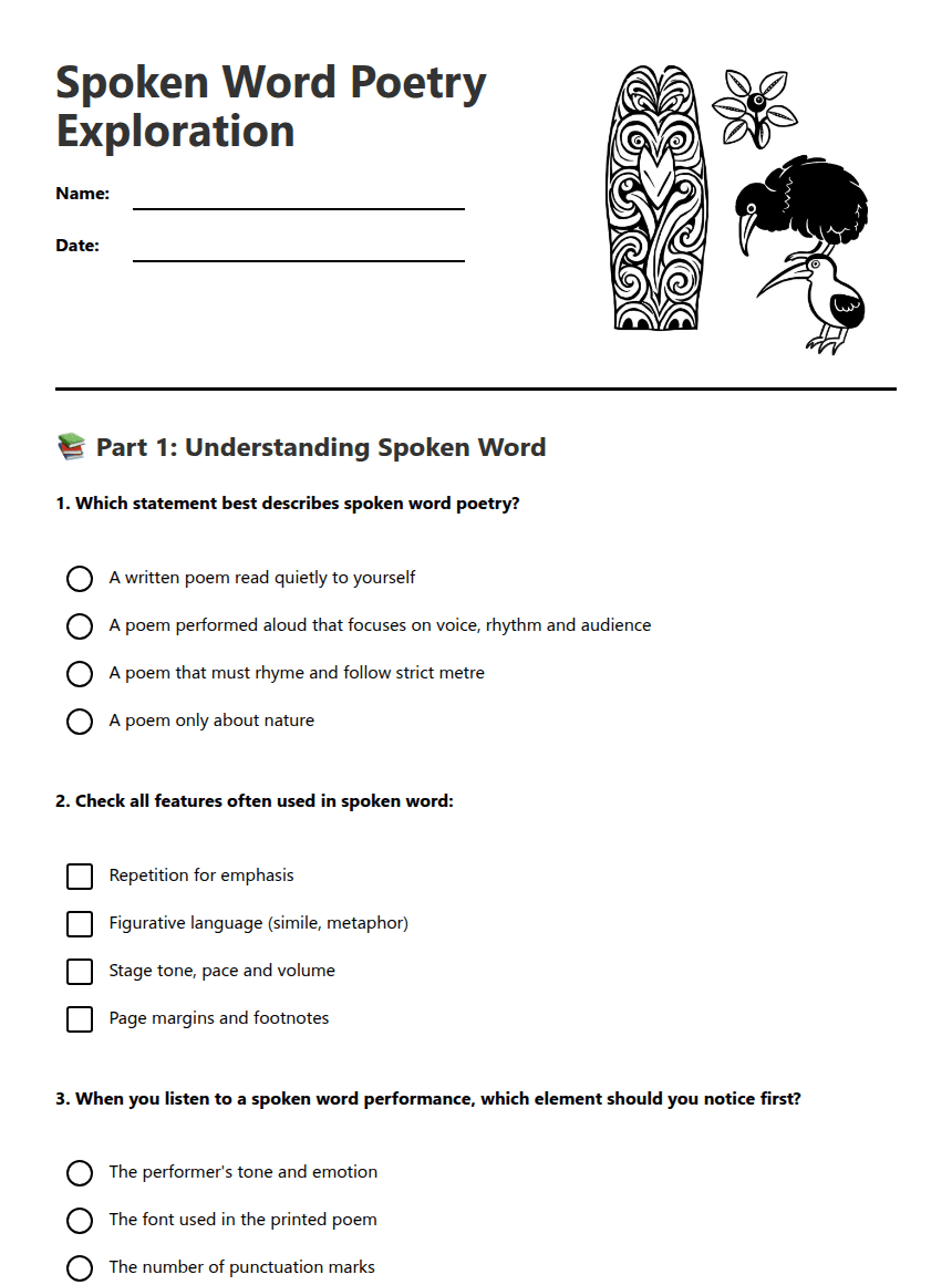 Spoken Word Poetry Exploration worksheet preview