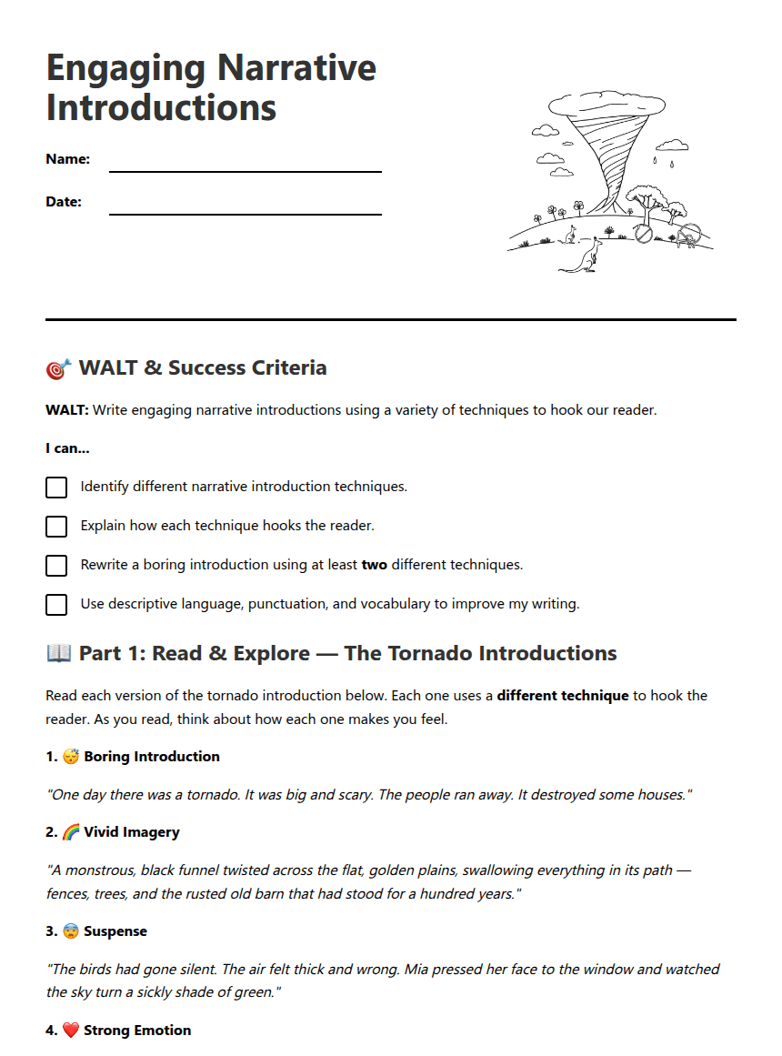 Engaging Narrative Introductions worksheet preview