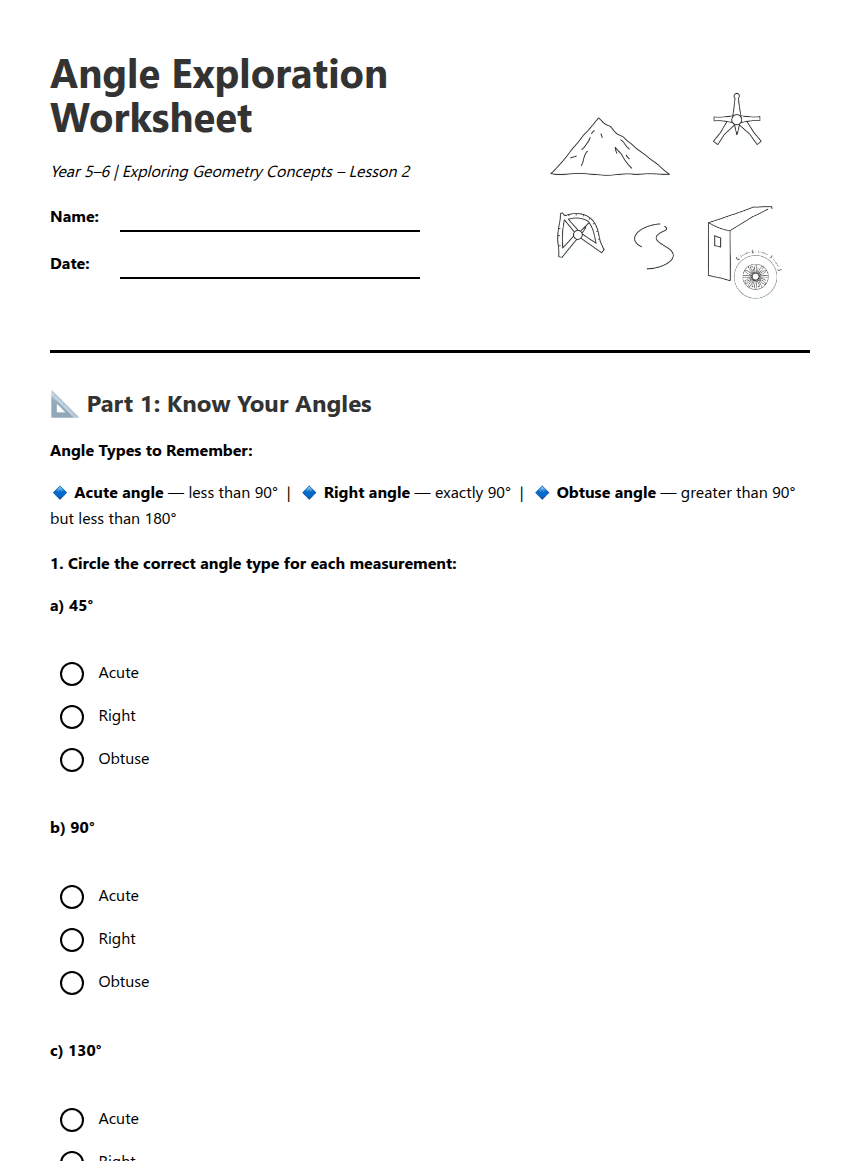 Angle Exploration Worksheet worksheet preview