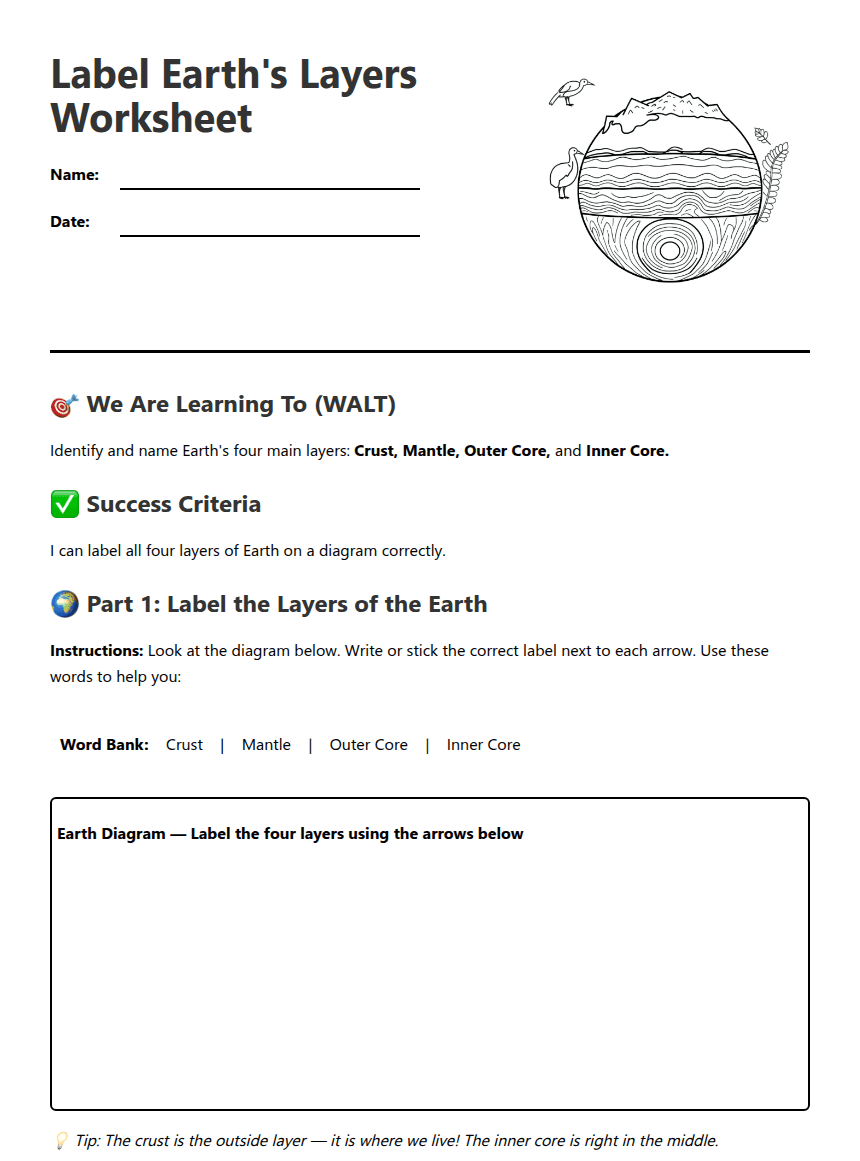 Label Earth's Layers Worksheet worksheet preview