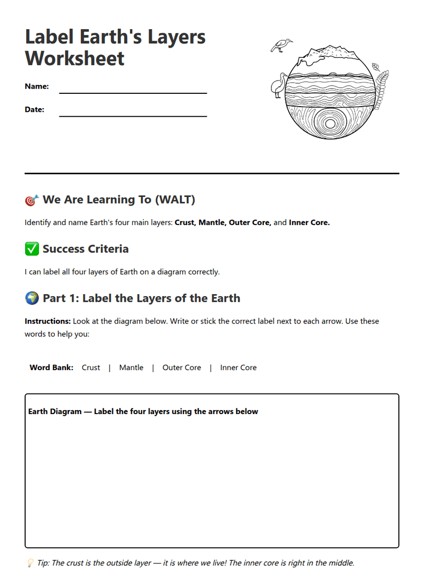 Label Earth's Layers Worksheet