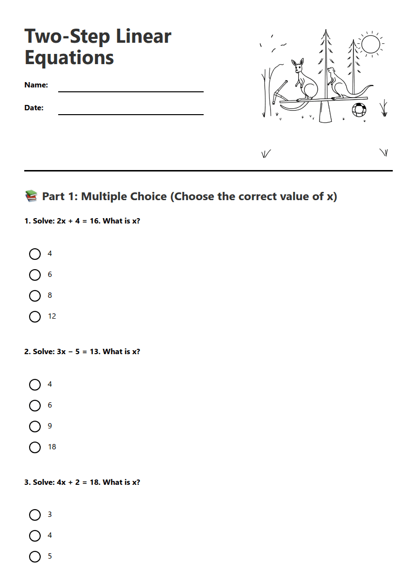 Two-Step Linear Equations worksheet preview