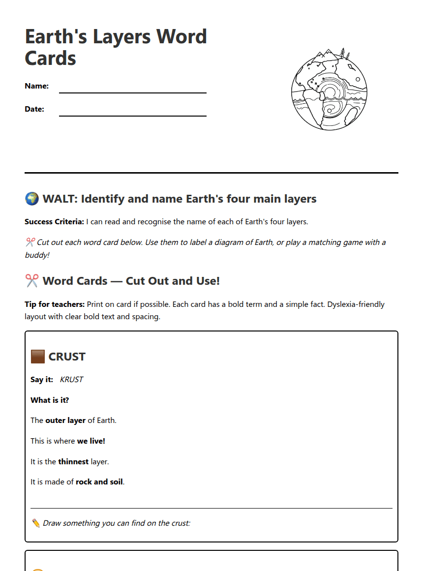 Earth's Layers Word Cards worksheet preview