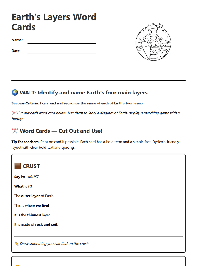 Earth's Layers Word Cards