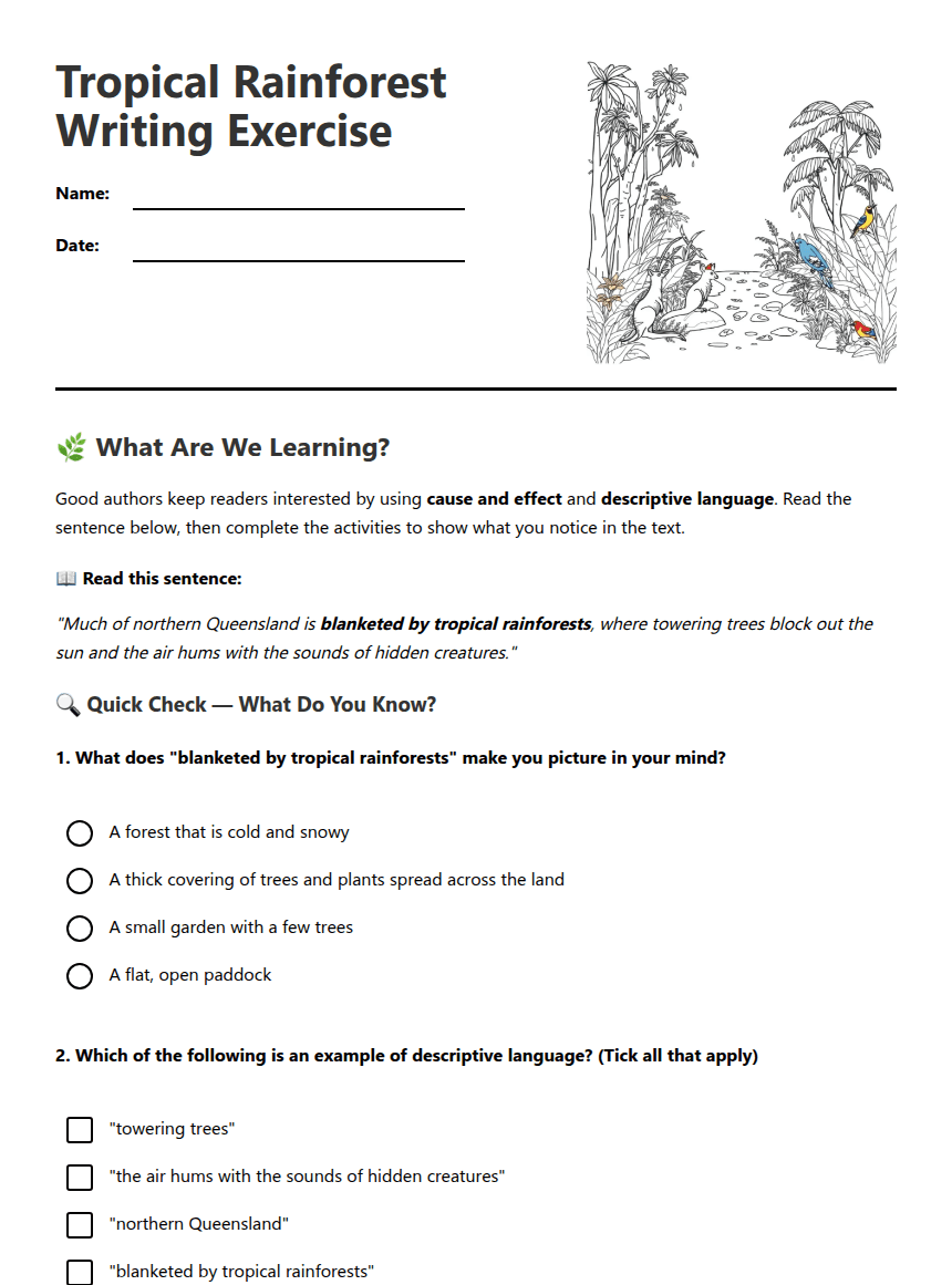 Tropical Rainforest Writing Exercise worksheet preview