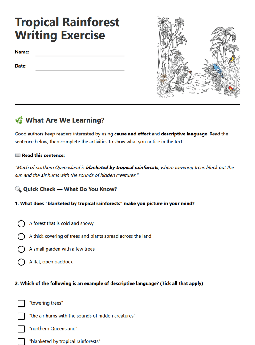 Tropical Rainforest Writing Exercise