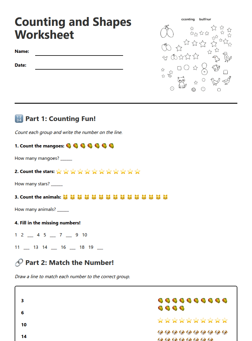 Counting and Shapes Worksheet worksheet preview