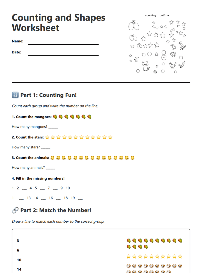 Counting and Shapes Worksheet