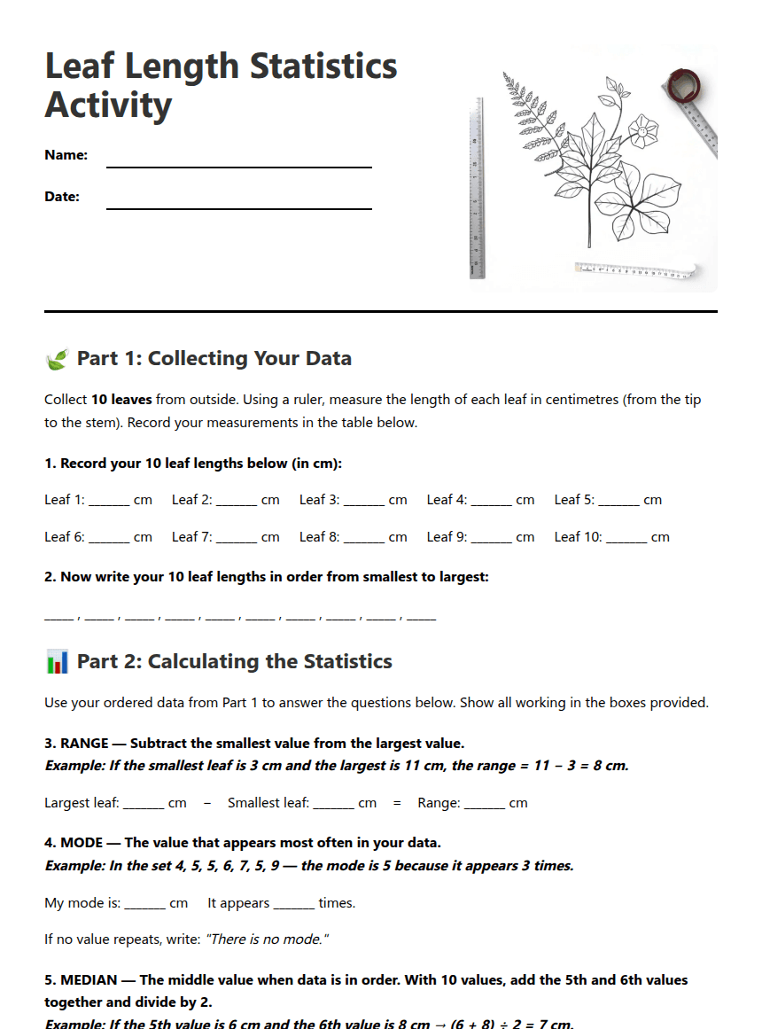 Leaf Length Statistics Activity worksheet preview