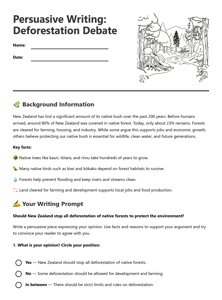 Persuasive Writing: Deforestation Debate worksheet preview