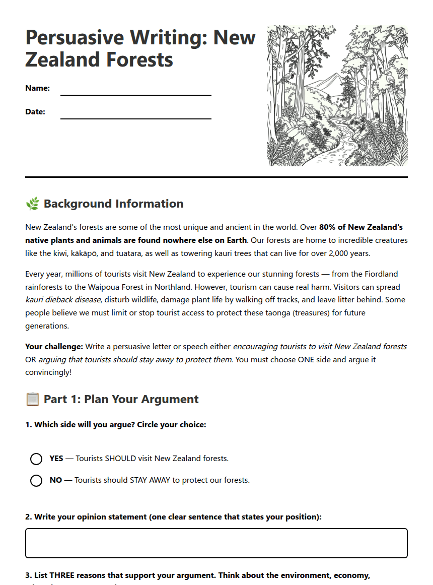 Persuasive Writing: New Zealand Forests worksheet preview