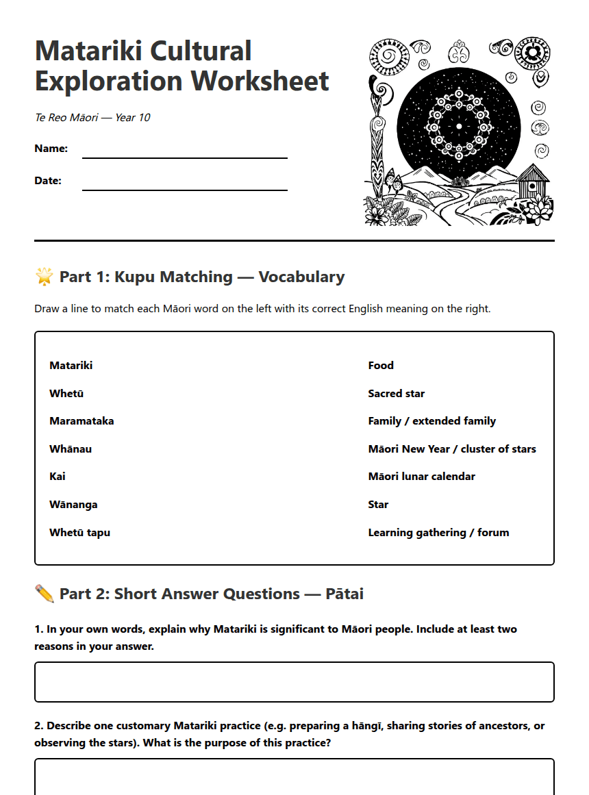 Matariki Cultural Exploration Worksheet worksheet preview