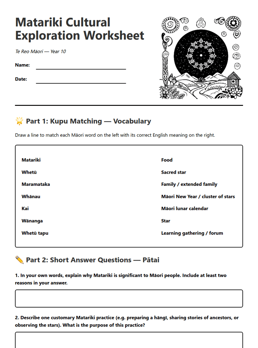 Matariki Cultural Exploration Worksheet