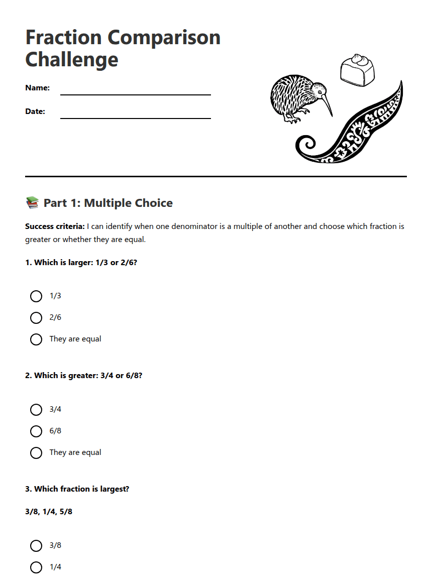Fraction Comparison Challenge worksheet preview