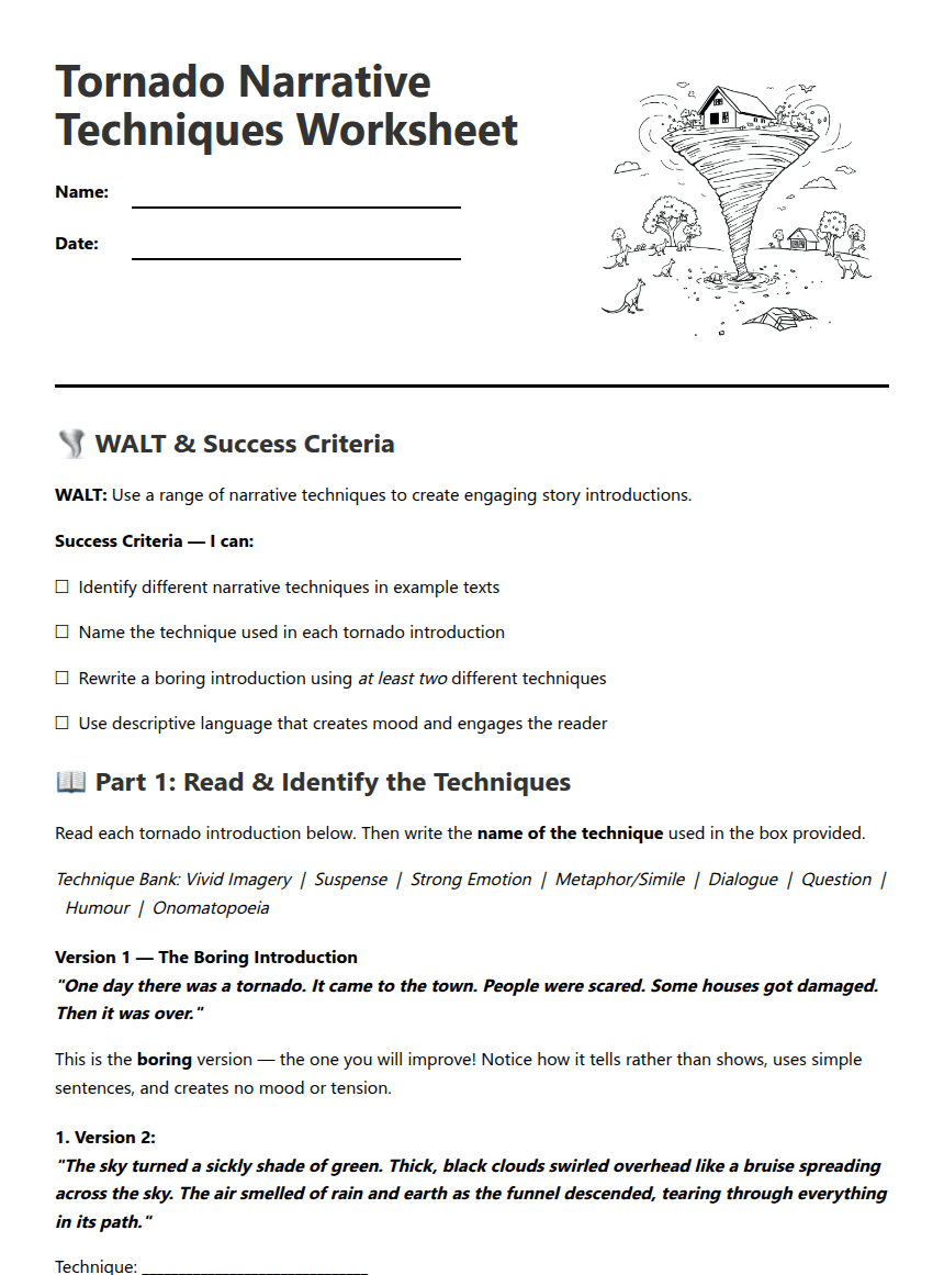 Tornado Narrative Techniques Worksheet worksheet preview