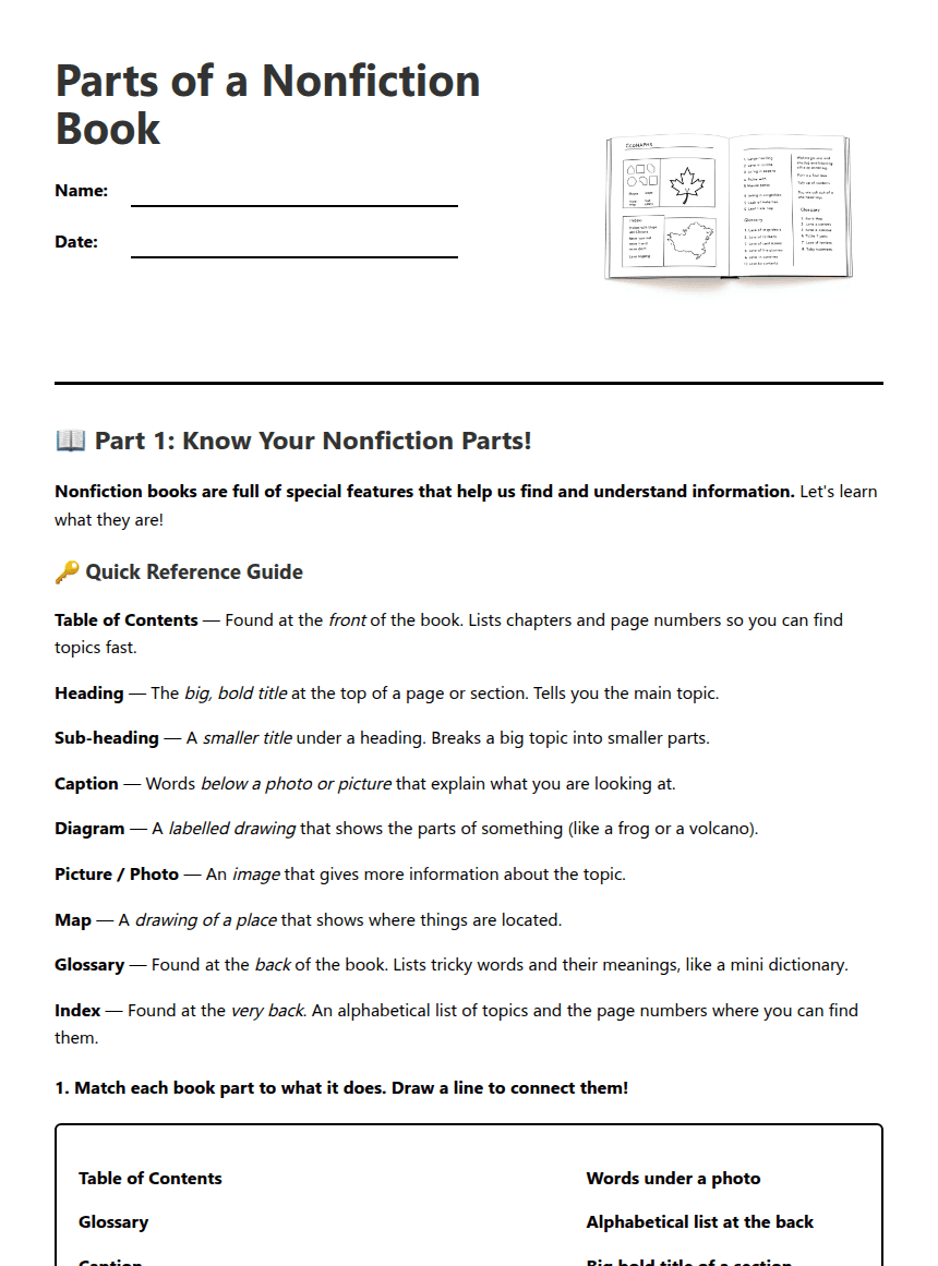 Nonfiction Book Elements worksheet preview