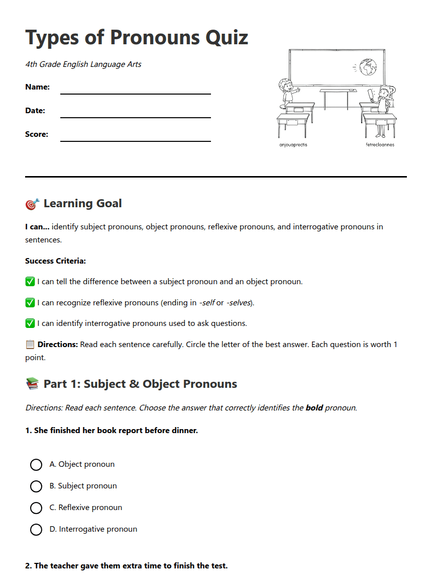 Pronouns Quiz for 4th Grade worksheet preview