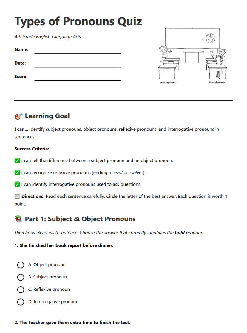 Pronouns Quiz for 4th Grade