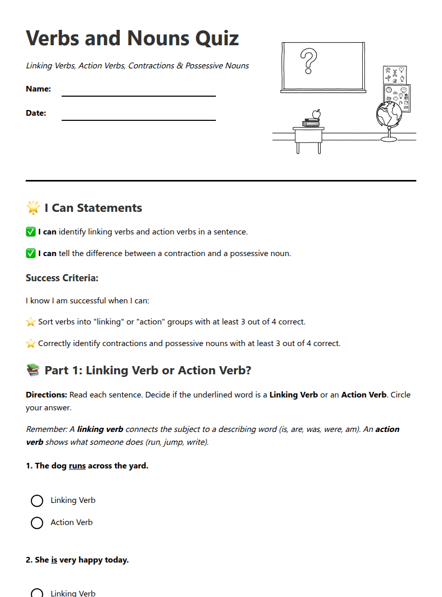 Verbs and Nouns Quiz worksheet preview