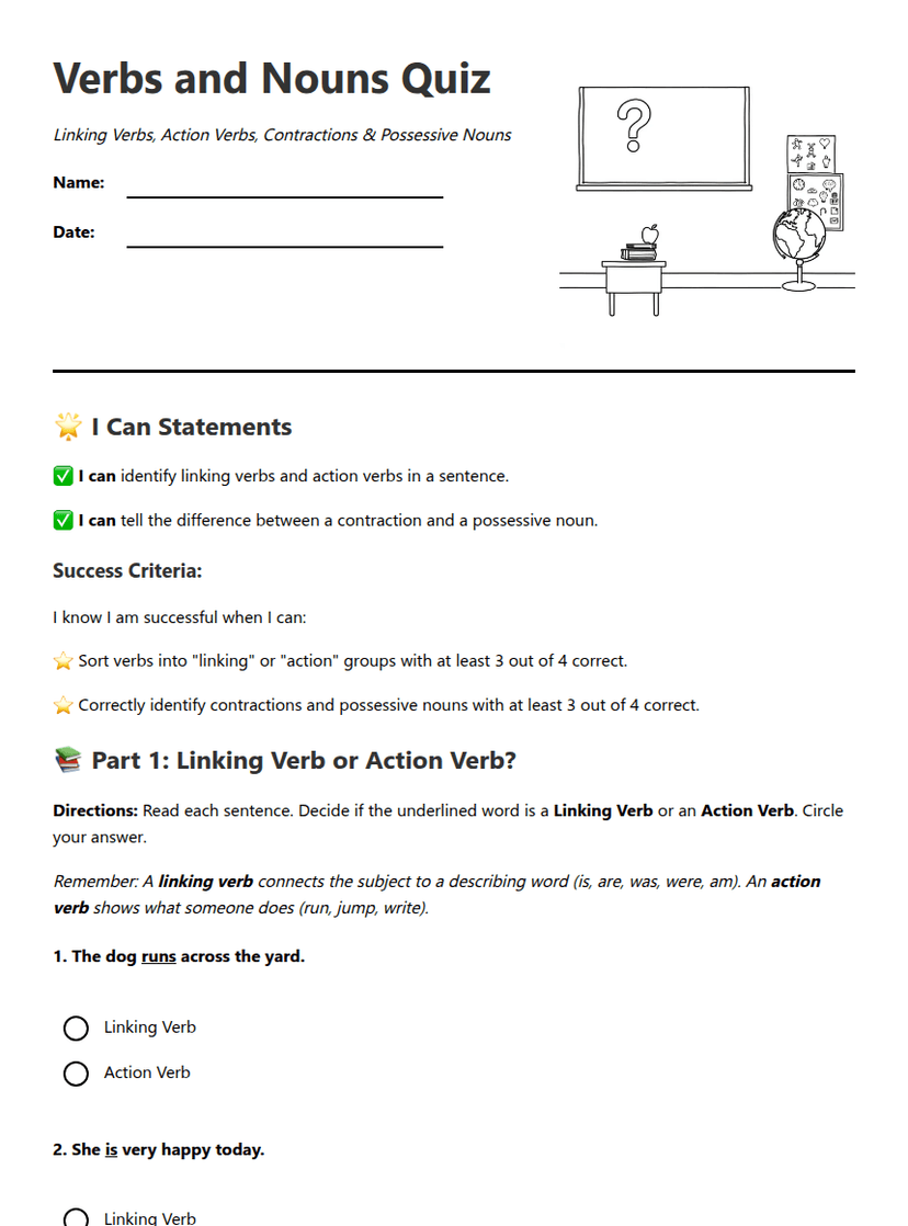 Verbs and Nouns Quiz