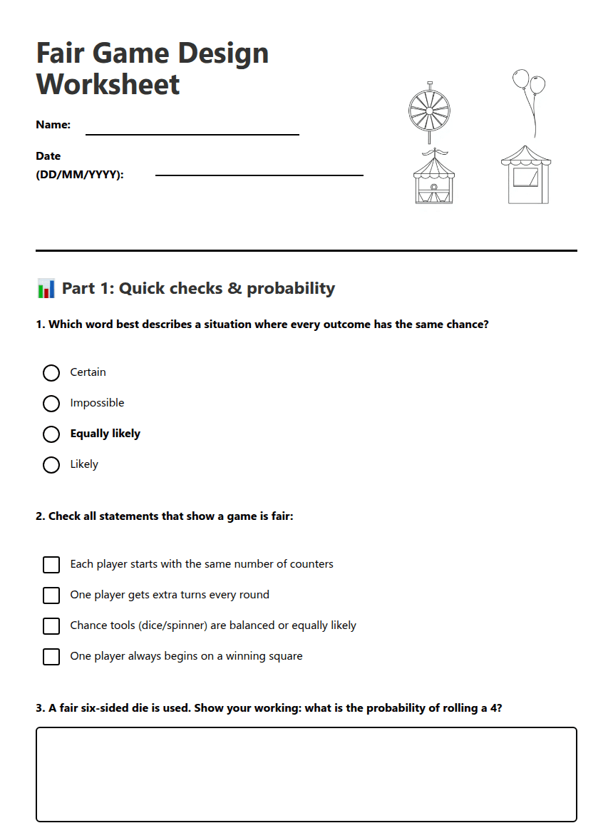 Fair Game Design Worksheet worksheet preview