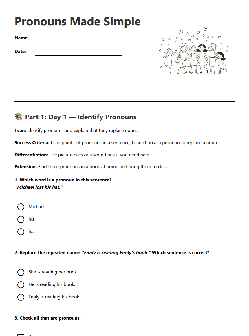 Pronouns Made Simple worksheet preview