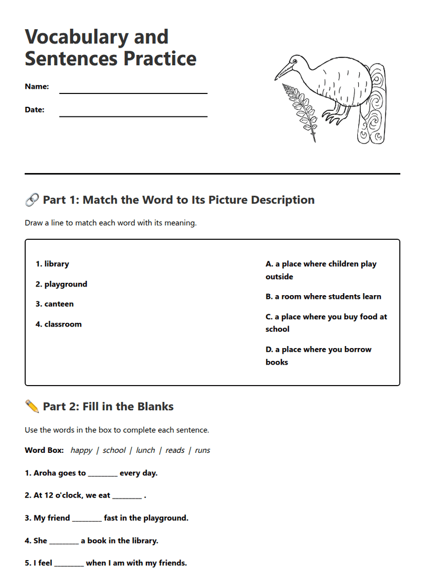 Vocabulary and Sentences Practice