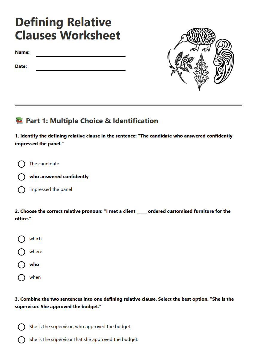 Defining Relative Clauses Worksheet worksheet preview