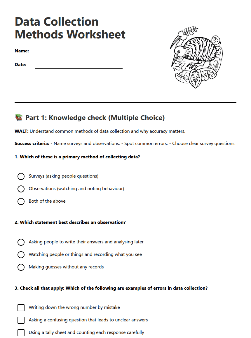 Data Collection Methods Worksheet worksheet preview