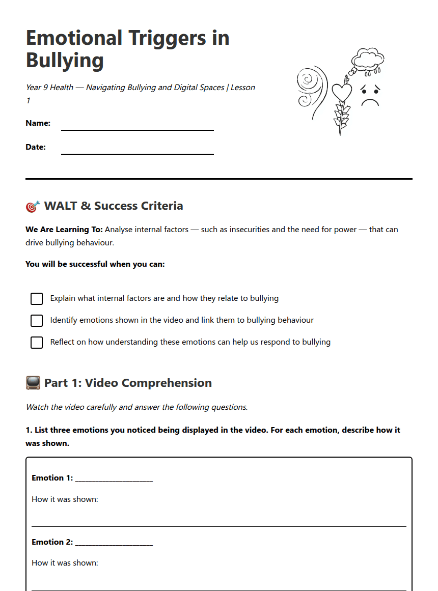 Emotional Triggers in Bullying worksheet preview