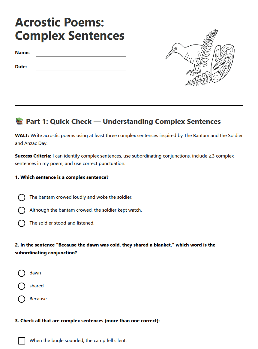 Acrostic Poems: Complex Sentences worksheet preview