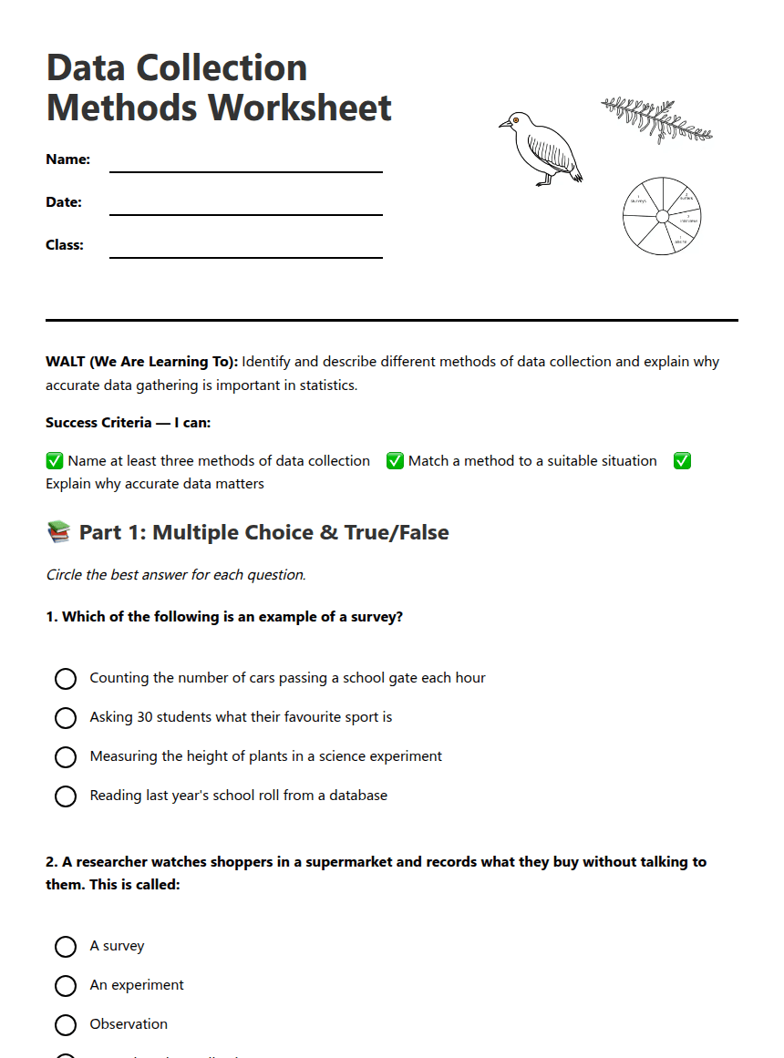Data Collection Methods Worksheet worksheet preview