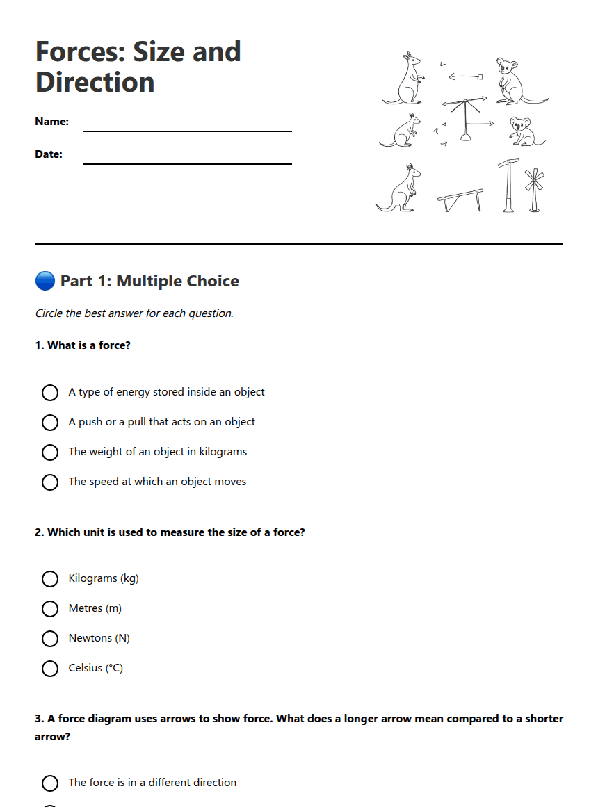 Forces: Size and Direction worksheet preview