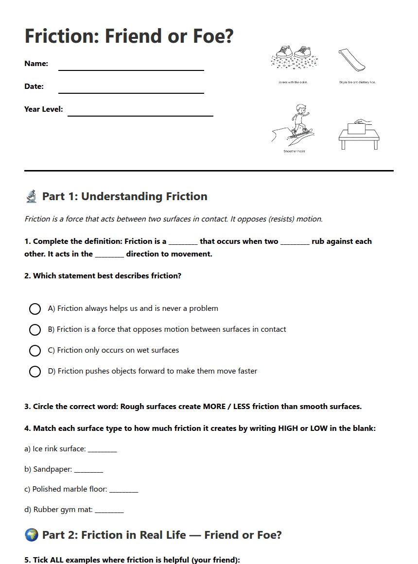 Friction: Friend or Foe? worksheet preview