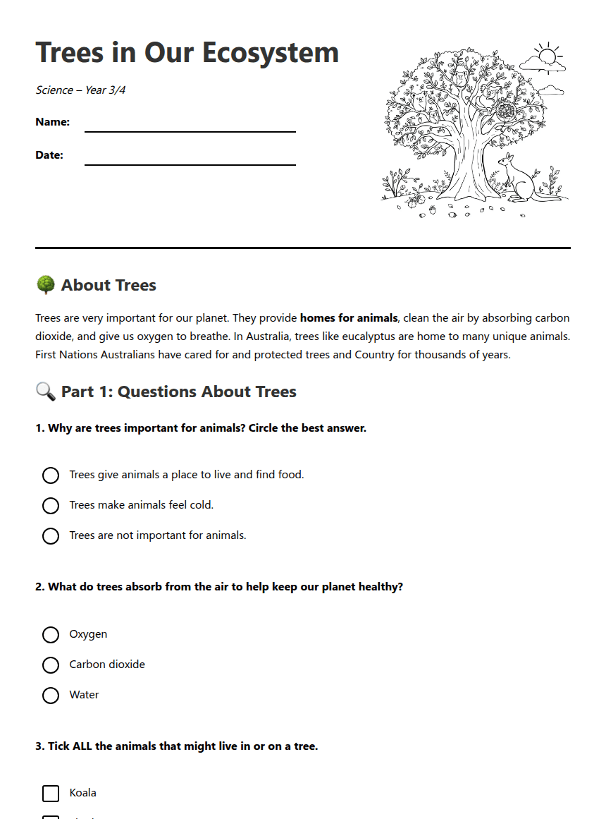 Trees in Our Ecosystem worksheet preview