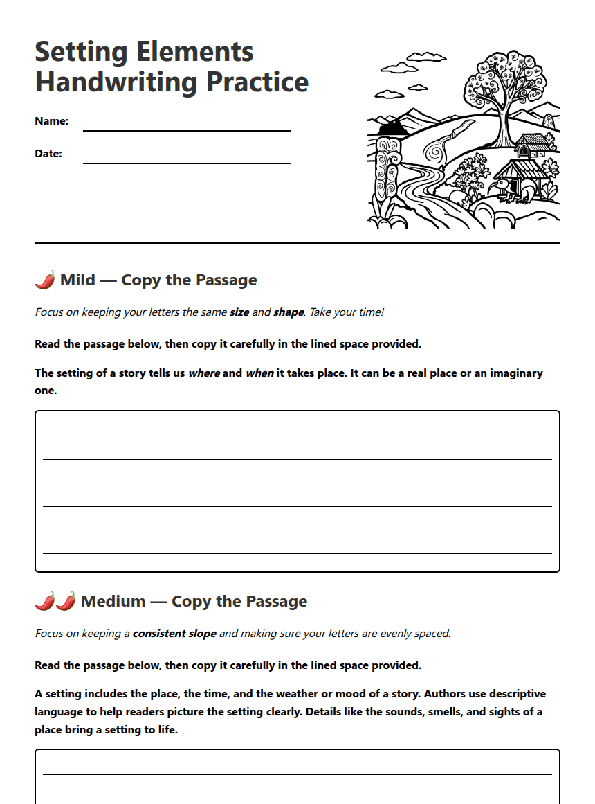 Setting Elements Handwriting Practice worksheet preview